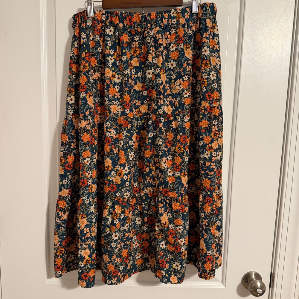 Emery Rose Dark Green Floral Tiered Midi Skirt Elastic Waist Boho 2XL - Picture 4 of 7